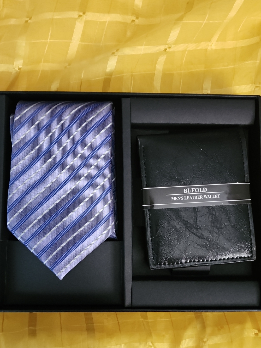 Classic Blue Striped Tie and Black Bi-Fold Wallet Gift Set
